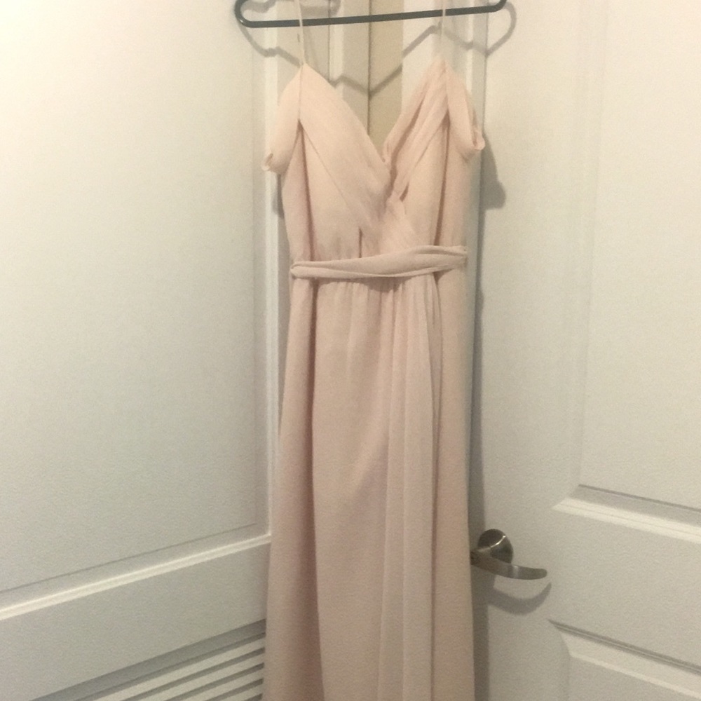 Watters Kane floor length chiffon wrap blush dress